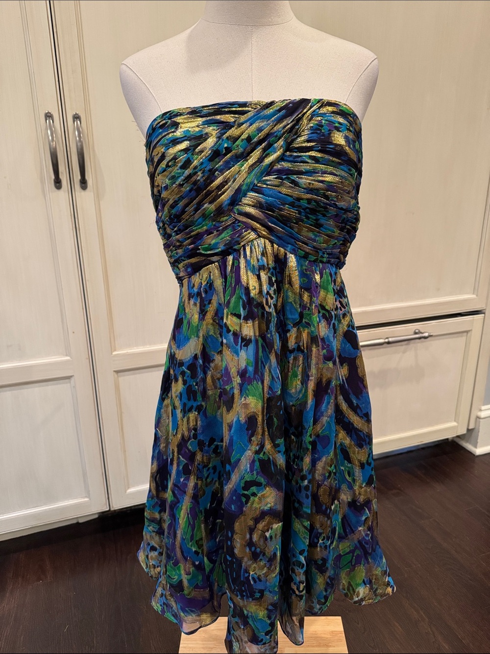 Oleg Cassini Silk Strapless Metallic Blue Green Dress